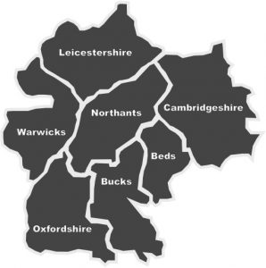 Map of the counties we cover: Leicestershire, Northants, Cambridgeshire, Warwicks, Beds, Bucks and Oxfordshire